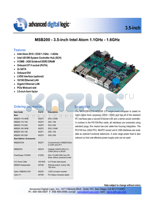 MSB200 datasheet - 3.5-inch Intel Atom 1.1GHz - 1.6GHz