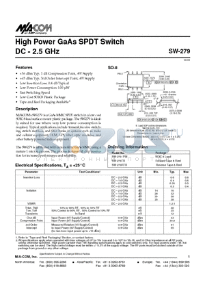 SW-279TR datasheet - High Power GaAs SPDT Switch DC - 2.5 GHz