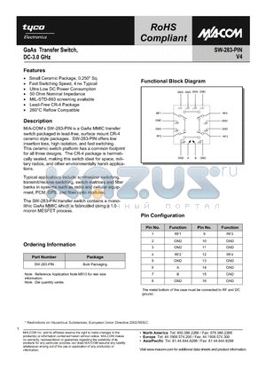 SW-283-PIN datasheet - GaAs Transfer Switch, DC - 3.0 GHz