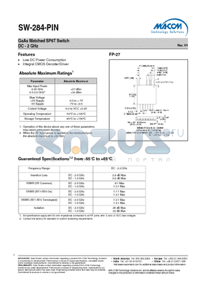 SW-284-PIN datasheet - GaAs Matched SP6T Switch DC - 2 GHz