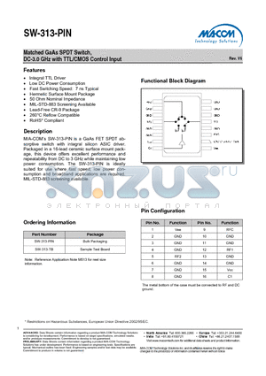 SW-313-PIN datasheet - Matched GaAs SPDT Switch, DC-3.0 GHz with TTL/CMOS Control Input