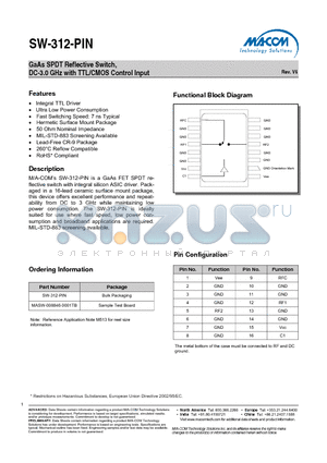 SW-312-PIN datasheet - GaAs SPDT Reflective Switch, DC-3.0 GHz with TTL/CMOS Control Input