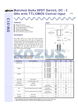 SW-313 datasheet - Matched GaAs SPDT Switch, DC - 3 GHz with TTL/CMOS Control Input