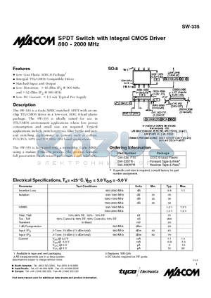 SW-335PIN datasheet - SPDT Switch with Integral CMOS Driver 800 - 2000 MHz