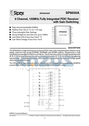 SP8050A datasheet - 8 Channel, 150MHz Fully Integrated PDIC Receiver with Gain Switching