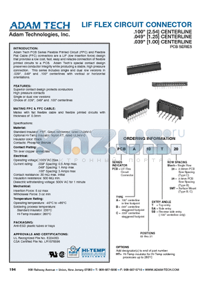 PCBA10T20 datasheet - LIF FLEX CIRCUIT CONNECTOR