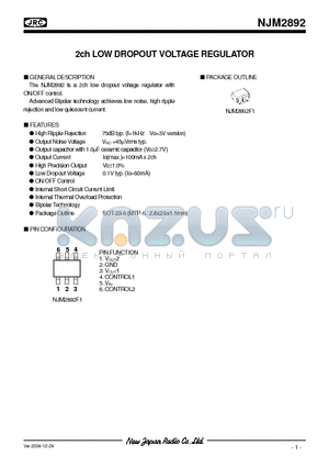 NJM2892F1-1815 datasheet - 2ch LOW DROPOUT VOLTAGE REGULATOR