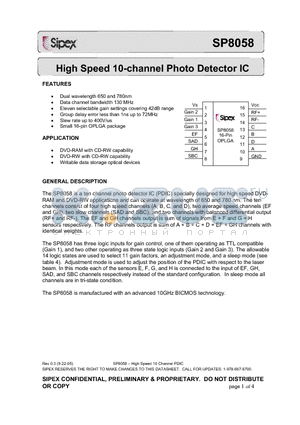 SP8058 datasheet - High Speed 10-channel Photo Detector IC