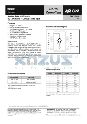 SW-313-TB datasheet - Matched GaAs SPDT Switch, DC-3.0 GHz with TTL/CMOS Control Input