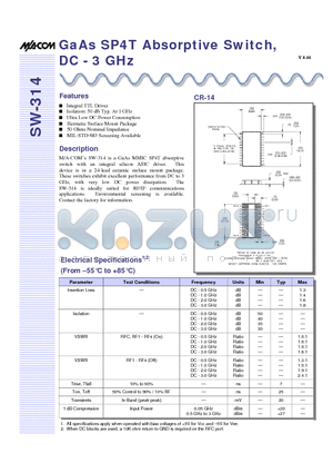 SW-314 datasheet - GaAs SP4T Absorptive Switch, DC - 3 GHz