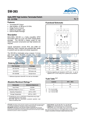 SW-393SMB datasheet - GaAs SPST High Isolation Terminated Switch 0.5 - 2.0 GHz