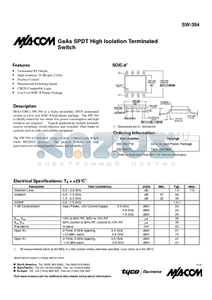 SW-394PIN datasheet - GaAs SPDT High Isolation Terminated Switch