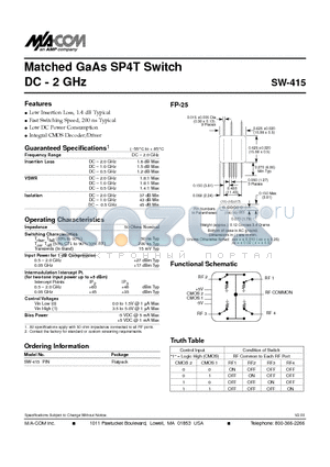 SW-415 datasheet - Matched GaAs SP4T Switch DC - 2 GHz