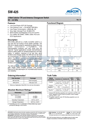 SW-425 datasheet - 3 Watt Cellular T/R and Antenna Changeover Switch DC - 3.0 GHz