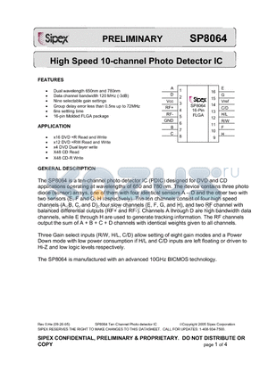 SP8064 datasheet - High Speed 10-channel Photo Detector IC