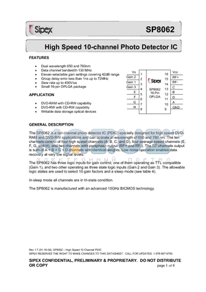 SP8062 datasheet - High Speed 10-channel Photo Detector IC