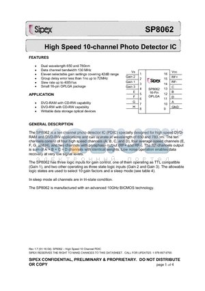 SP8062DG datasheet - High Speed 10-channel Photo Detector IC