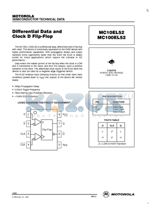 MC100EL52DR2 datasheet - Differential Data and Clock D Flip-Flop