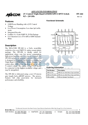 SW-444 datasheet - 2V Control Triple-Band GSM/DCS/PCS SP5T Switch 0.5 . 2.0 GHz