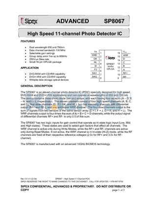 SP8067 datasheet - High Speed 11-channel Photo Detector IC