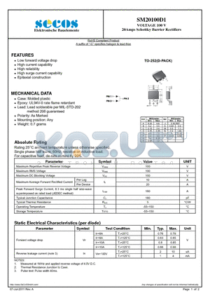 SM20100D1 datasheet - VOLTAGE 100 V 20Amps Schottky Barrier Rectifiers