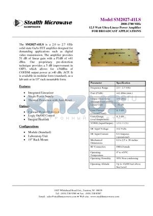 SM2027-41LS datasheet - 2000-2700 MHz 12.5 Watt Ultra-Linear Power Amplifier