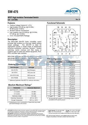 SW-475TR-3000 datasheet - SPDT High Isolation Terminated Switch 0.5 - 3.0 GHz
