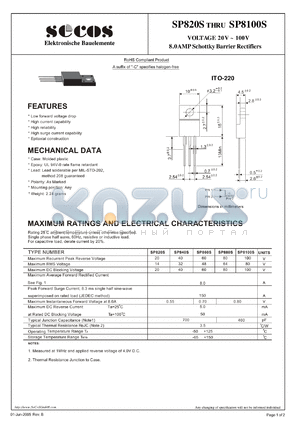SP8100S datasheet - 8.0AMP Schottky Barrier Rectifiers