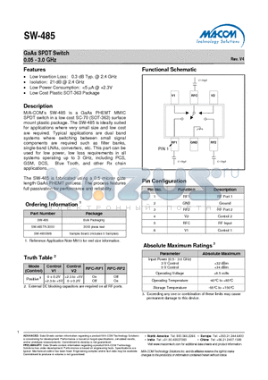 SW-485TR-3000 datasheet - GaAs SPDT Switch 0.05 - 3.0 GHz