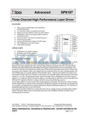 SP8107 datasheet - Three Channel High Performance Laser Driver