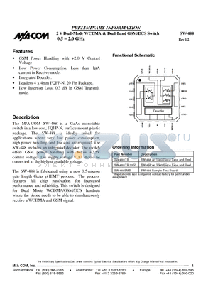 SW-488TR datasheet - 2 V Dual-Mode WCDMA & Dual-Band GSM/DCS Switch 0.5 . 2.0 GHz