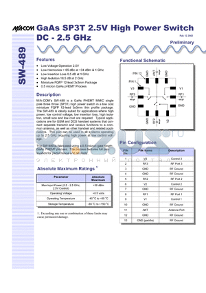 SW-489SMB datasheet - GaAs SP3T 2.5V High Power Switch DC - 2.5 GHz