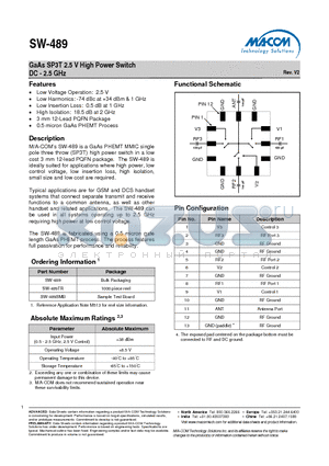 SW-489SMB datasheet - GaAs SP3T 2.5 V High Power Switch DC - 2.5 GHz