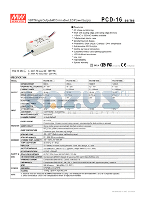 PCD-16-1400 datasheet - 16W Single Output AC Dimmable LED Power Supply