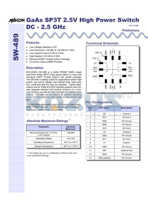 SW-489 datasheet - GaAs SP3T 2.5V High Power Switch DC - 2.5 GHz