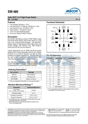 SW-489 datasheet - GaAs SP3T 2.5 V High Power Switch DC - 2.5 GHz