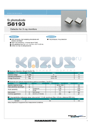 S8193 datasheet - Si photodiode Detector for X-ray monitors