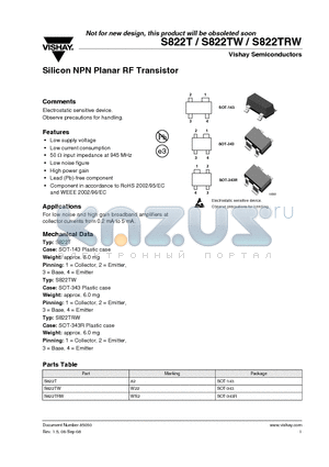 S822T datasheet - Silicon NPN Planar RF Transistor