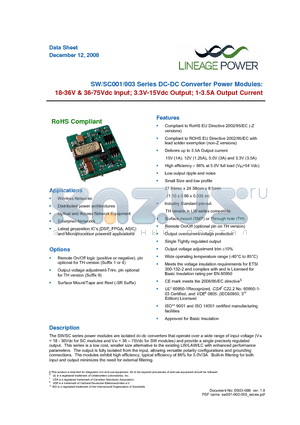 SW001A0C91Z datasheet - 18-36Vdc & 36-75Vdc Input; 3.3-15Vdc Output; 1-3.5A Output Current