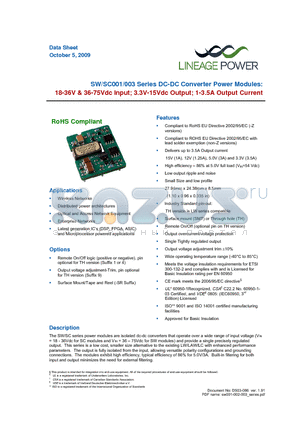 SW001A0C91Z datasheet - SW/SC001/003 Series DC-DC Converter Power Modules 18-36V & 36-75Vdc Input; 3.3V-15Vdc Output; 1-3.5A Output Current