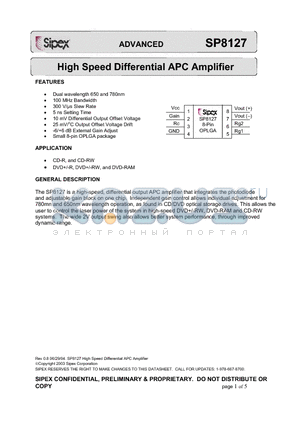SP8127 datasheet - High Speed Differential APC Amplifier