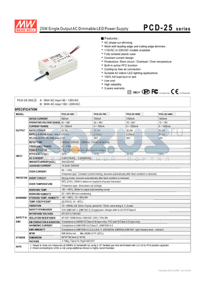 PCD-25-1400 datasheet - 25W Single Output AC Dimmable LED Power Supply