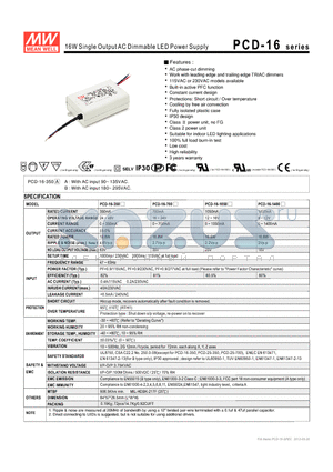 PCD-16_12 datasheet - 16W Single Output AC Dimmable LED Power Supply