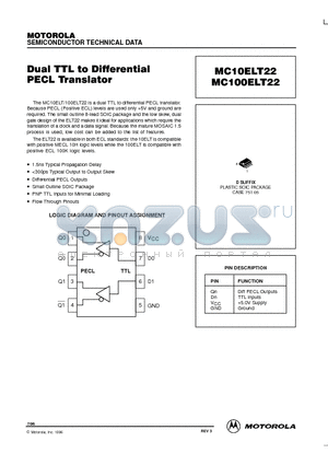 MC100ELT22 datasheet - Dual TTL to Differential PECL Translator