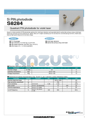 S8284 datasheet - Quadrant PIN photodiode for violet laser