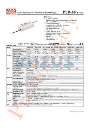 PCD-60 datasheet - 60W Single Output AC Dimmable LED Power Supply