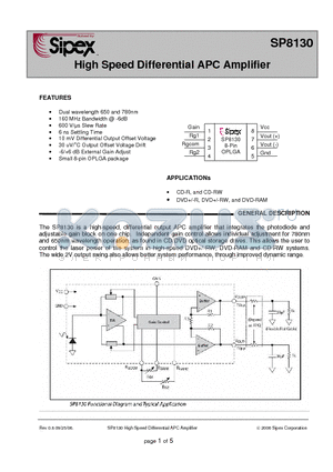 SP8130 datasheet - High Speed Differential APC Amplifier
