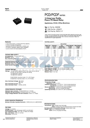 PCD124D1MHS000 datasheet - 15 Amp Low Profile Power PC Board Relay