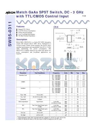 SW05-0311 datasheet - Match GaAs SPST Switch, DC - 3 GHz with TTL/CMOS Control Input