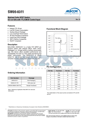 SW05-0311TR datasheet - Matched GaAs SPST Switch, DC-3.0 GHz with TTL/CMOS Control Input